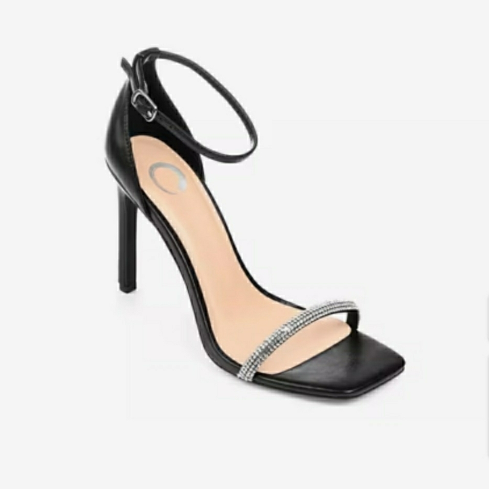 Elegant Black Ankle Strap Heels with Rhinestone Detail
